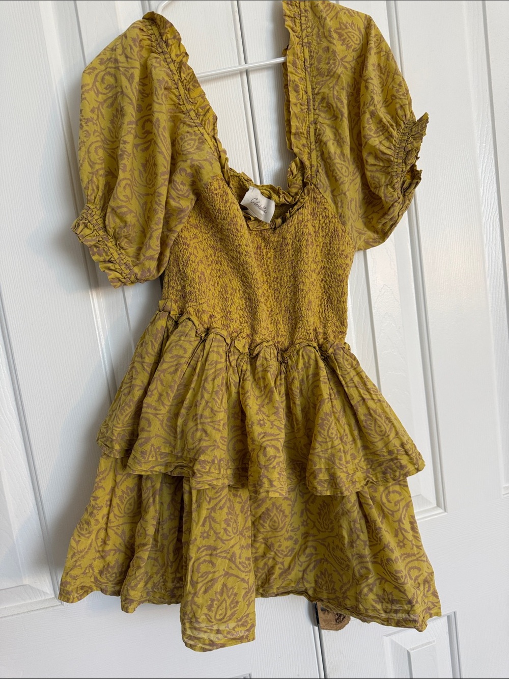 Cleobella Mustard Yellow Puff Sleeve Tiered Mini Dress